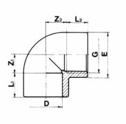 PVC-Winkel 90°, eine Seite zum Kleben, die andere mit Innengewinde 50 mm x 1 1/2"